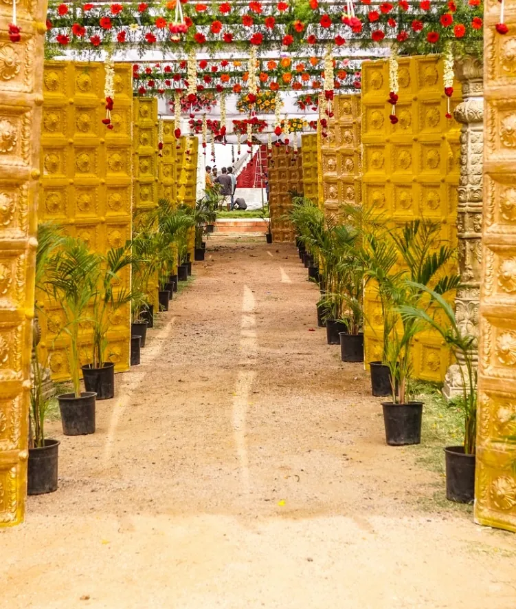 An avenue lined with marigold garlands